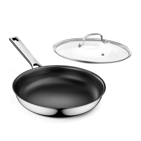 11 in. Stainless Steel Frying Pan with Glass Lid Titanium Ceramic Nonstick Skillet for All Cooktops Set