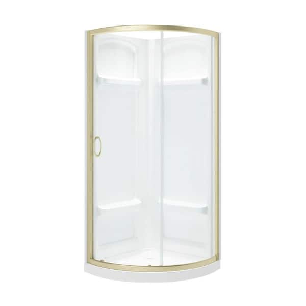 33in. L x 33in. W x 77in.H Shower Insert Kit w/Base/Wall/Door Corner Drain & Sliding Framed Shower Door in Satin Nickel