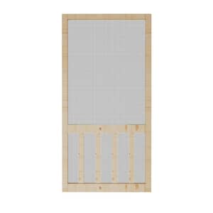 36 in. x 80 in. Single Universal Paneled Railing Style Finished Pine Wood and Gauze Mesh Hinged Screen Door