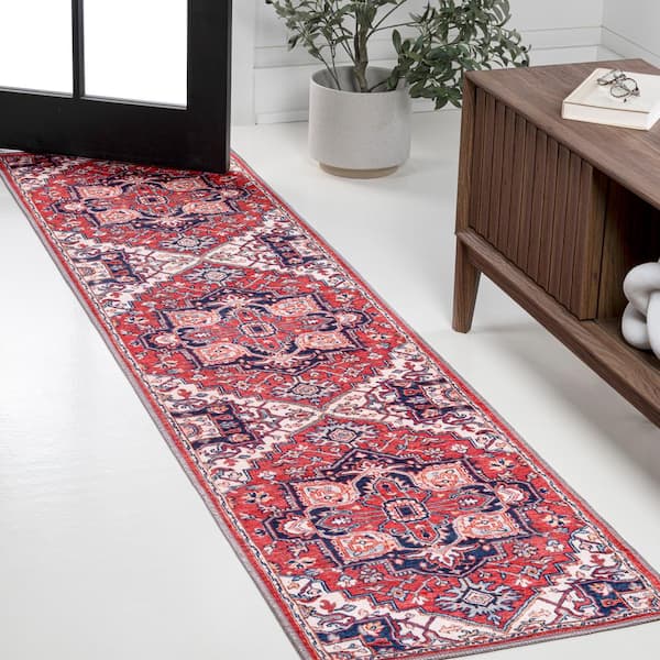 JONATHAN Y Cirali Ornate Red/Navy 2 ft. x 10 ft. Large Medallion Washable Runner Rug