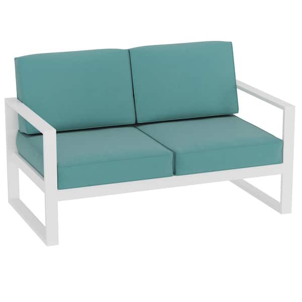 SUNVIVI Aluminum Outdoor Loveseat with Turquoise Cushions