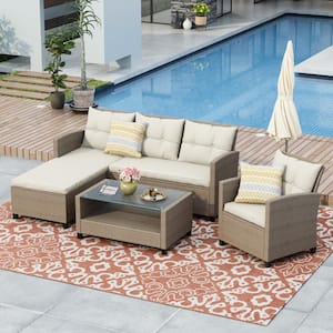Outdoor 4-Piece Wicker Patio Conversation Seating Set with Beige Cushions