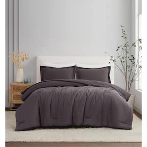 3-Piece Charcoal Solid 100% Linen Full/Queen Comforter Set