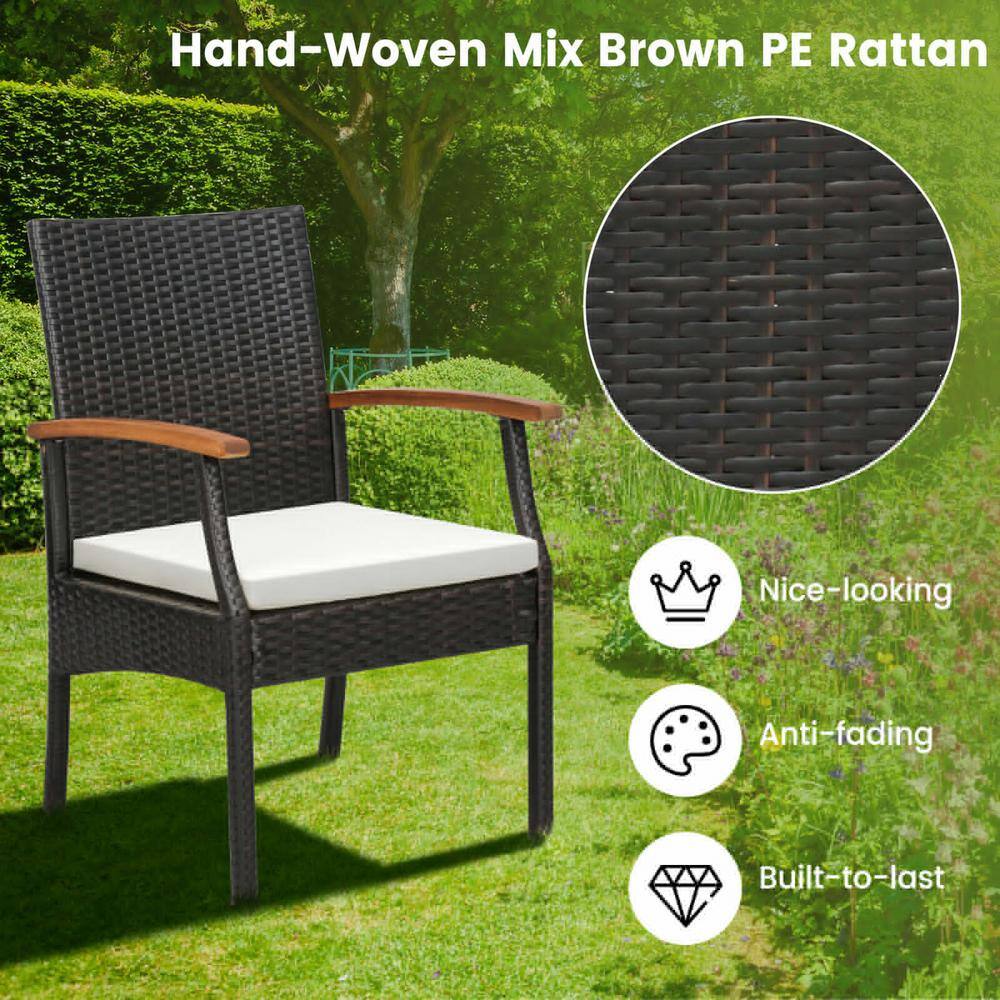 Set of 4 Brown Wicker Dining Chairs with Off-White Cushions
