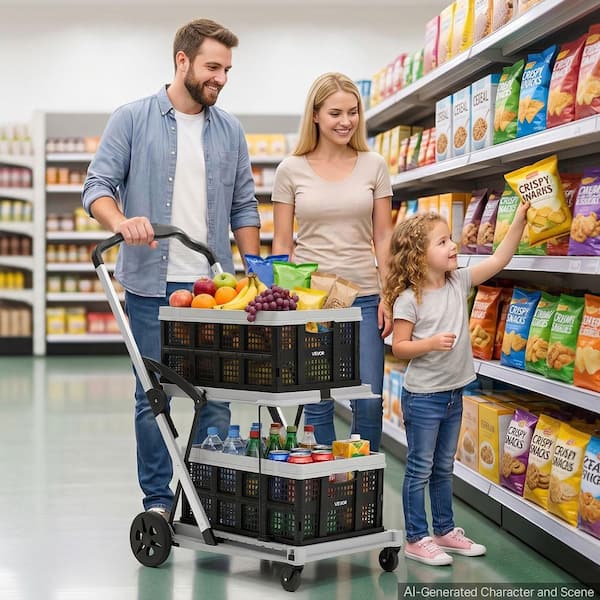 Collapsible Shopping Cart with Wheels Foldable for Grocery Black Gray, 200 lbs. Capacity Rolling Utility Cart