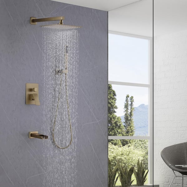 Waterfall Spout Single Handle 3-Spray Square High Pressure Tub and Shower Faucet in Brushed Gold (Valve Included)