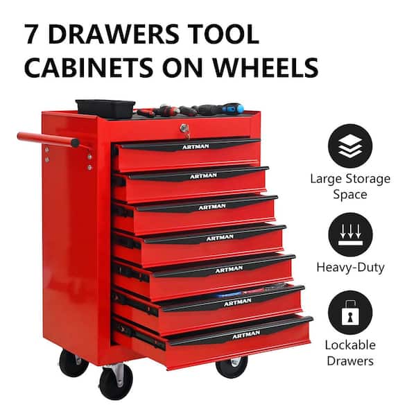 13 in. W 7-Drawer Rolling Metal Black and Red Tool Carts with Ball Bearing Drawer Slides and Steel Tool Storage Box