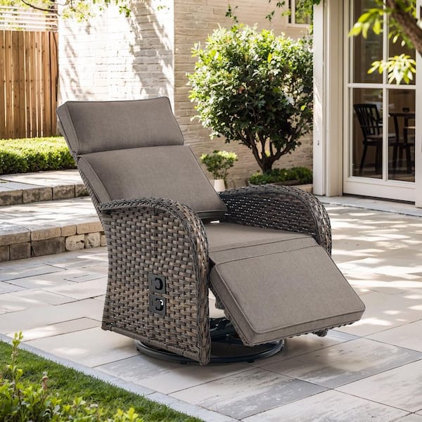 Comfort Series Brown Wicker Outdoor Versatile Pneumatic Swivel Lounge Chair for Patio with CushionGuard Gray Cushions