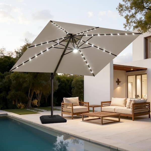 11 ft solar patio umbrella in beige 11 ft. x 11 ft. Cantilever Patio Umbrella in Beige 360° Rotation Outdoor Umbrella with Solar Lights and 350 lbs. Base