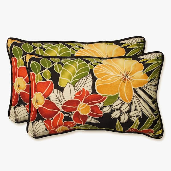 Pillow Perfect Floral Black Rectangular Outdoor Lumbar Throw Pillow 2-Pack
