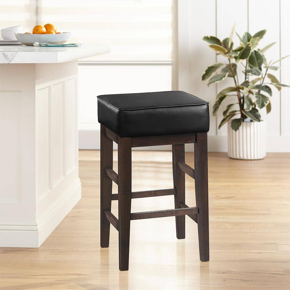 Black Faux Leather and Wood Backless Counter Stools, 26 Inch