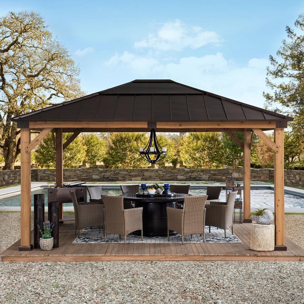 Cedar Framed Gazebo with Brown Steel Hardtop and Skylight