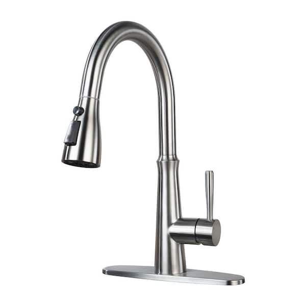 15.4 in. Single Handle Pull-Down Sprayer Kitchen Faucet, Kitchen Faucet with 360° Swivel Spout in Brushed Nickel