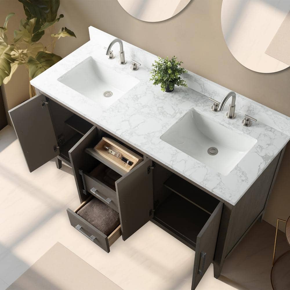 60" Driftwood Gray MDF Double Sink Freestanding Vanity with White Marble Top