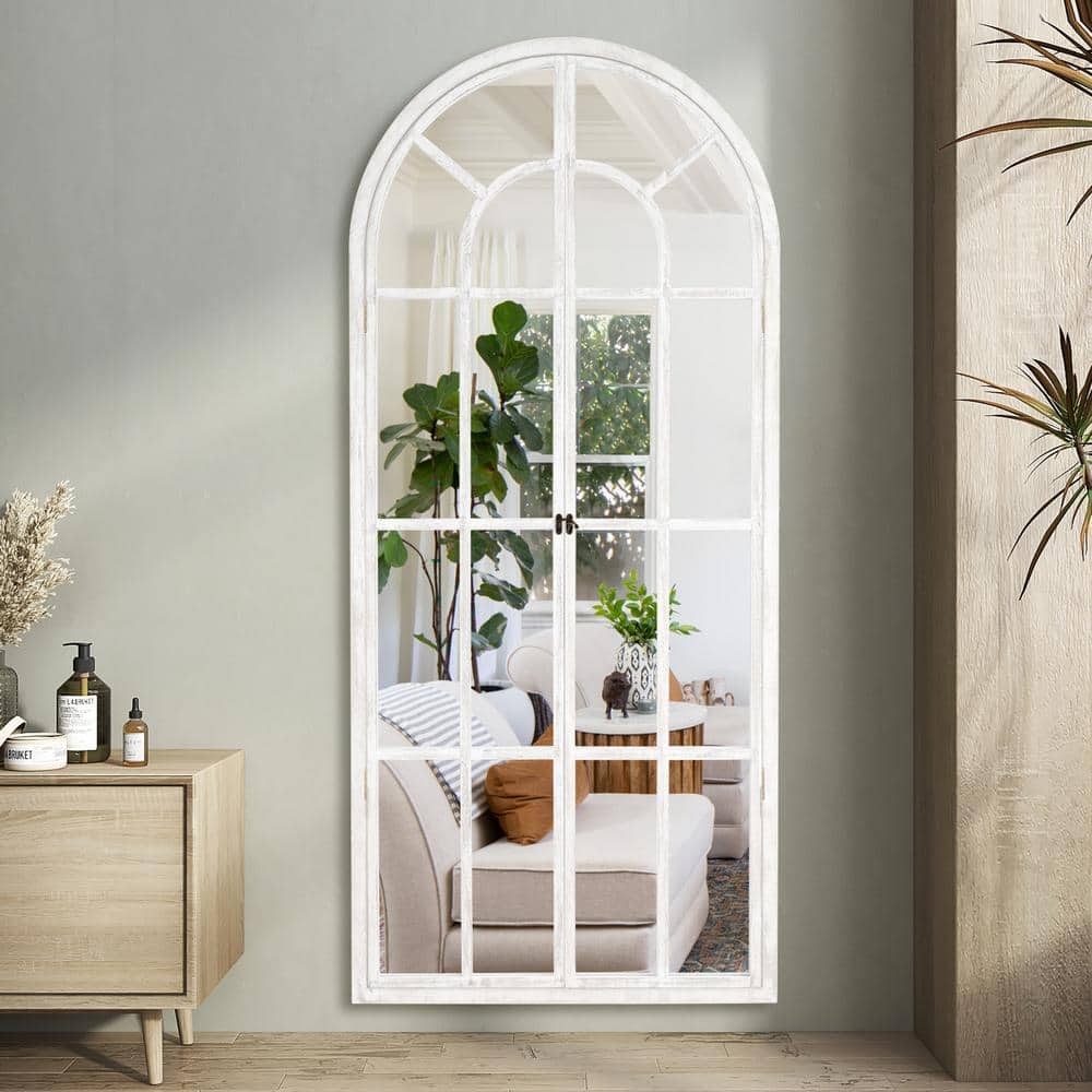 32 in. W x 71 in. H Classic Arched Solid Wood Wall Mirror in White