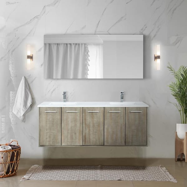 Lexora Fairbanks 60 in W x 20 in D Rustic Acacia Double Bath Vanity, White Quartz Top and Chrome Faucet Set
