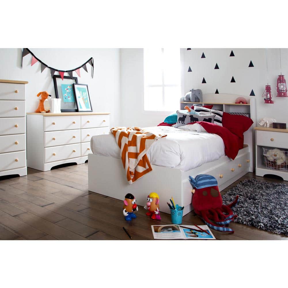Twin Captain's Wood Frame Bed with 3 Storage Drawers in White and Maple