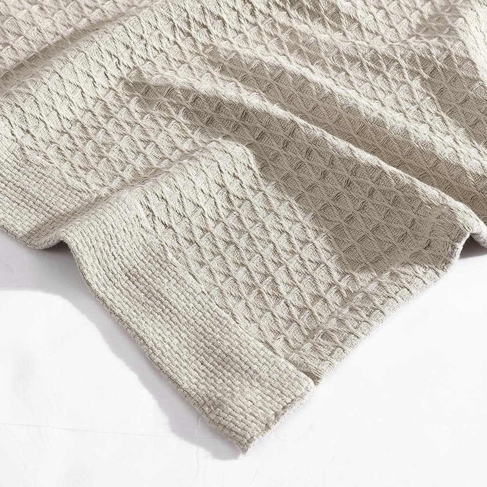 Beige Full Cotton Knitted Reversible Blanket with Textured Accent