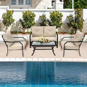 Black 4-Pieces Metal Outdoor Loveseat Patio Furniture Set with Beige Cushions