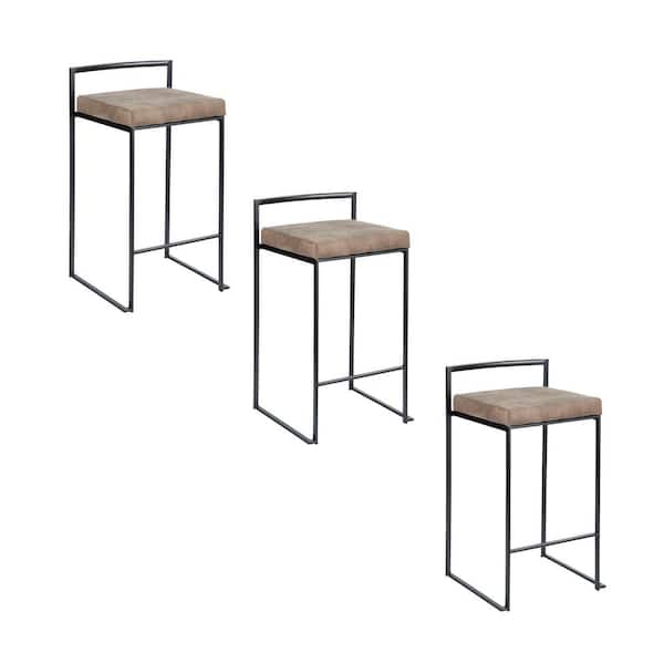Lumisource Fuji 27.75 in. Cowboy Brown Fabric and Black Metal Stackable Counter Stool (Set of 3)