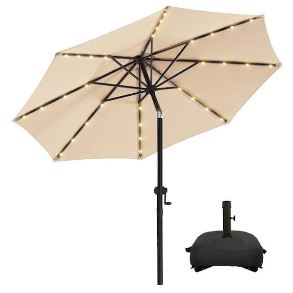 PASAMIC 10 ft. Aluminum Solar Led Market Umbrella Outdoor Patio Umbrella with Base 32 LED Lights in Beige