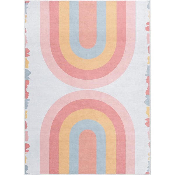 Crescent Rainbow Modern Kids Multi Color 6 ft. x 9 ft. Machine Washable Flat-Weave Area Rug