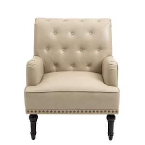 Mid-Century Modern Solid Wood Legs Beige PU Leather Button Upholstered Accent Armchair With Nailhead Trim