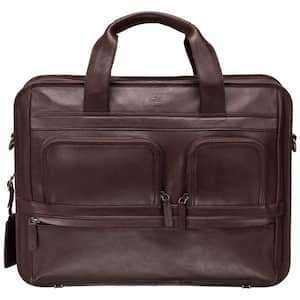 Milan Collection Brown Leather Double Compartment Top Zipper Briefcase for 15.6 in. Laptop/Tablet