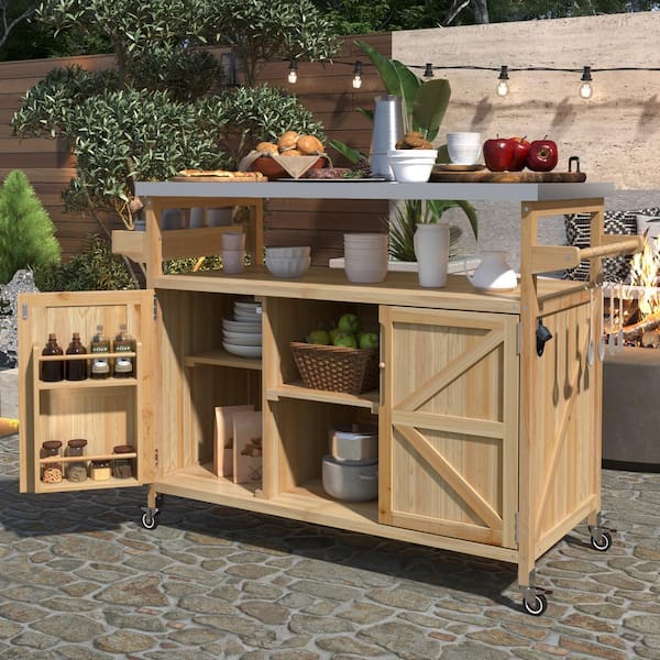 Natural Stainless Steel Top 50.25 in. Kitchen Island with Storage Cabinet, Spice Rack, Towel Rack and 4 Wheels