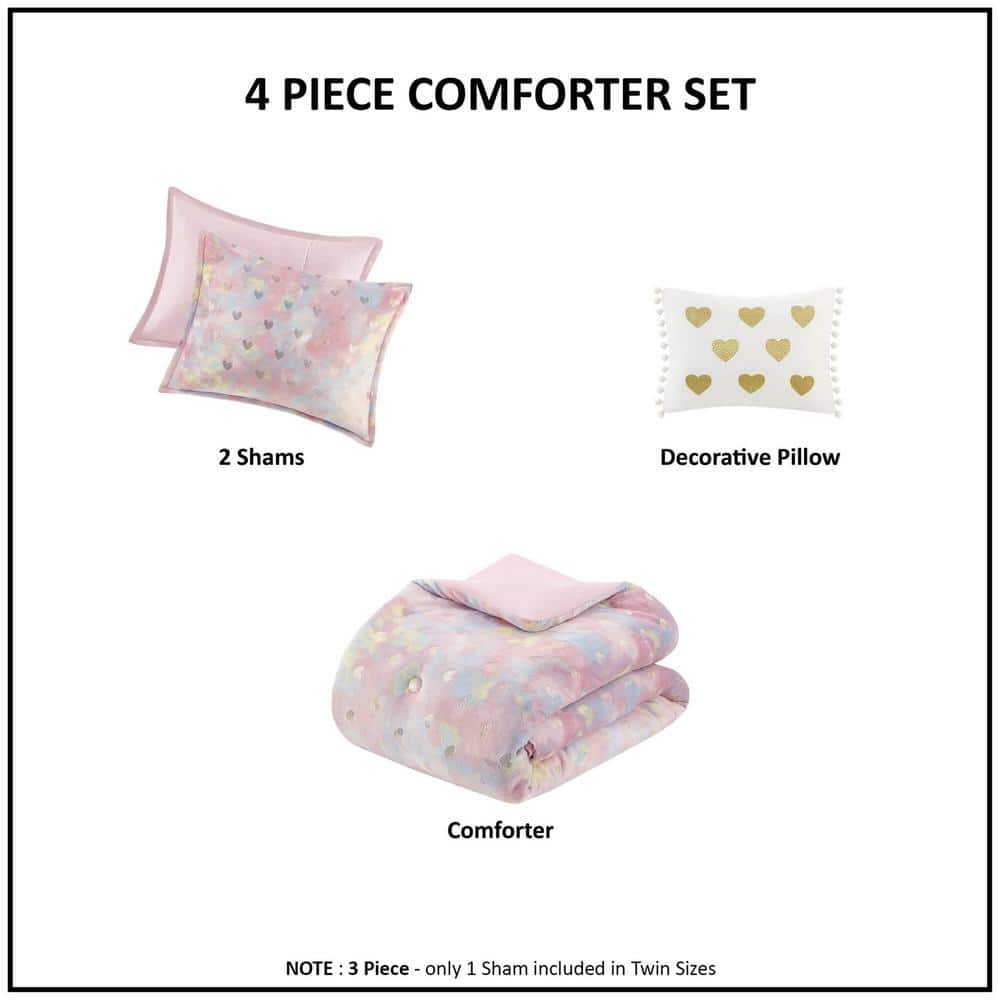 Twin Pink Multi/Gold Microfiber Plush Comforter Set with Hearts