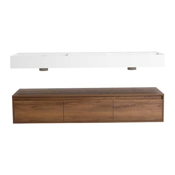 60 in. Double Sink Floating Brown Bath Vanity with White Resin Top (Assembled), Adjustable Sink Height, 3 Drawers