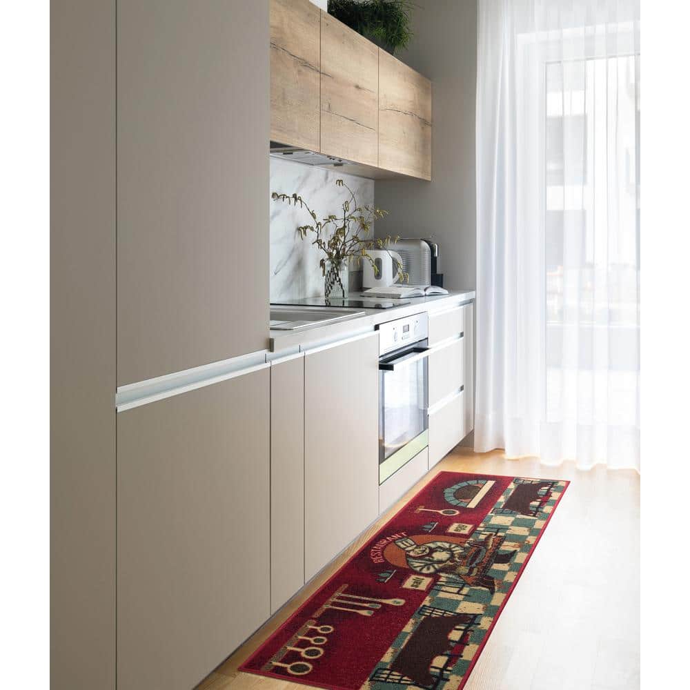 Red Chef Design Non-Slip Kitchen Runner Rug, 20" x 59"