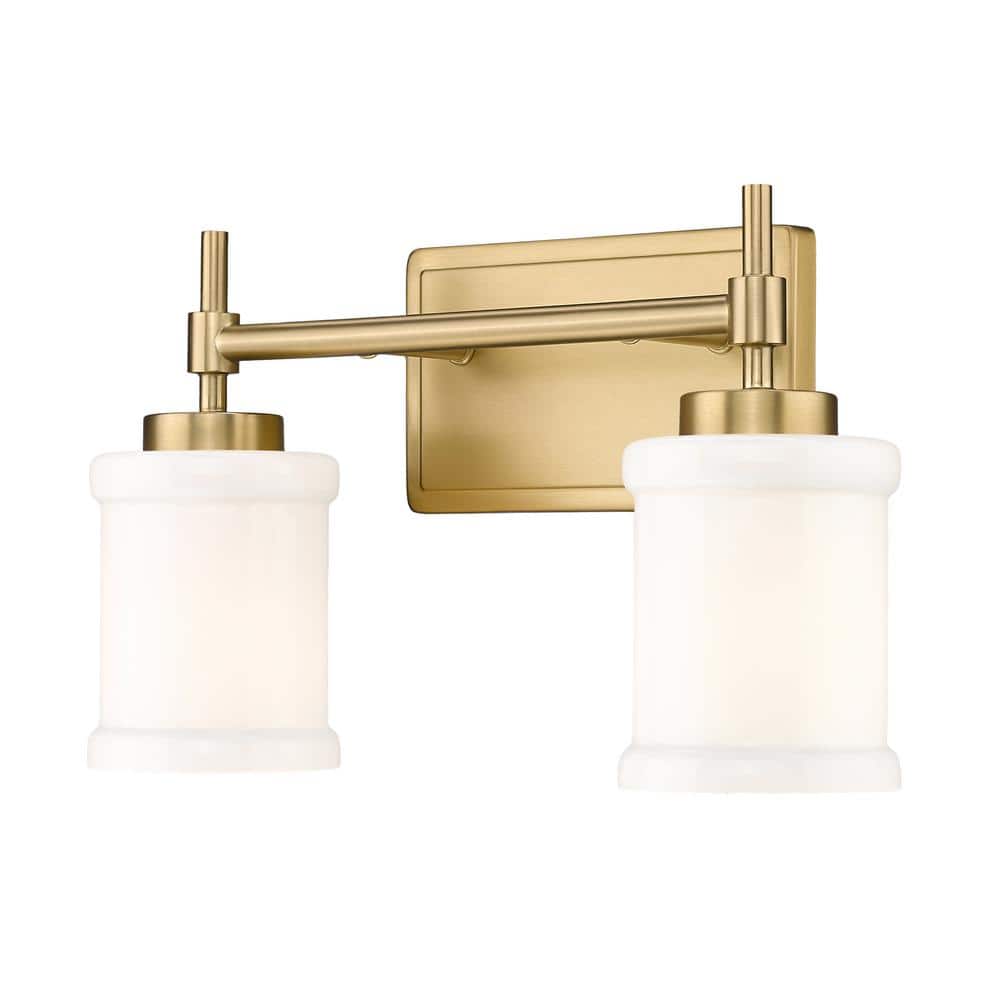 Cadoc 15 in. 2-Light Modern Gold Vanity-Light with Gloss Opal Glass Shade