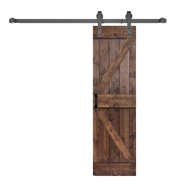 ISLIFE K Style 30 in. x 84 in. Dark Walnut Finished Soild Wood Sliding Barn Door with Hardware Kit - Assembly Needed