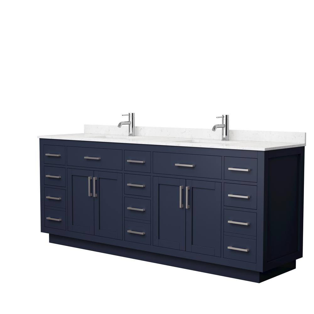 Wyndham Collection Beckett TK 84 in. W x 22 in. D x 35 in. H Double Bath Vanity in Dark Blue with Carrara Cultured Marble Top, Dark Blue with Brushed Nickel Trim -  840193394223