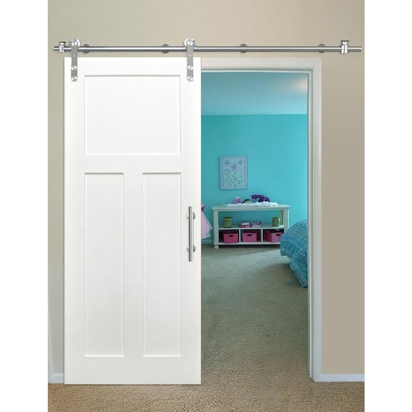 36 in. x 80 in. Shaker 5-Panel Primed Pine Interior Sliding Barn Door with Round Stainless Steel Hardware Kit 36 in. x 80 in. Shaker 5-Panel Primed Pine Interior Sliding Barn Door with Round Stainless Steel Hardware Kit
