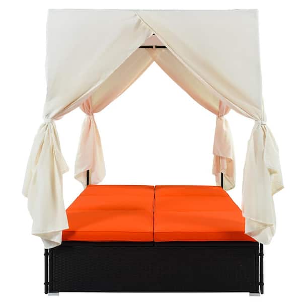 Unbranded Wicker Outdoor Day Bed, Patio Sunbed with Orange Cushions, Adjustable Seats, Canopy and Overhead Curtains for Garden