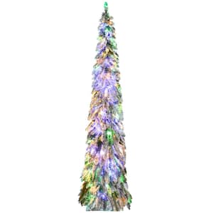 7 ft. Prelit Pencil Artificial Christmas Tree with 534 Snow Flocked Branches, Downswept Shape