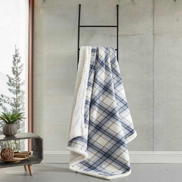Eddie Bauer Edgewood Plaid Sherpa Blue Cotton Throw Blanket