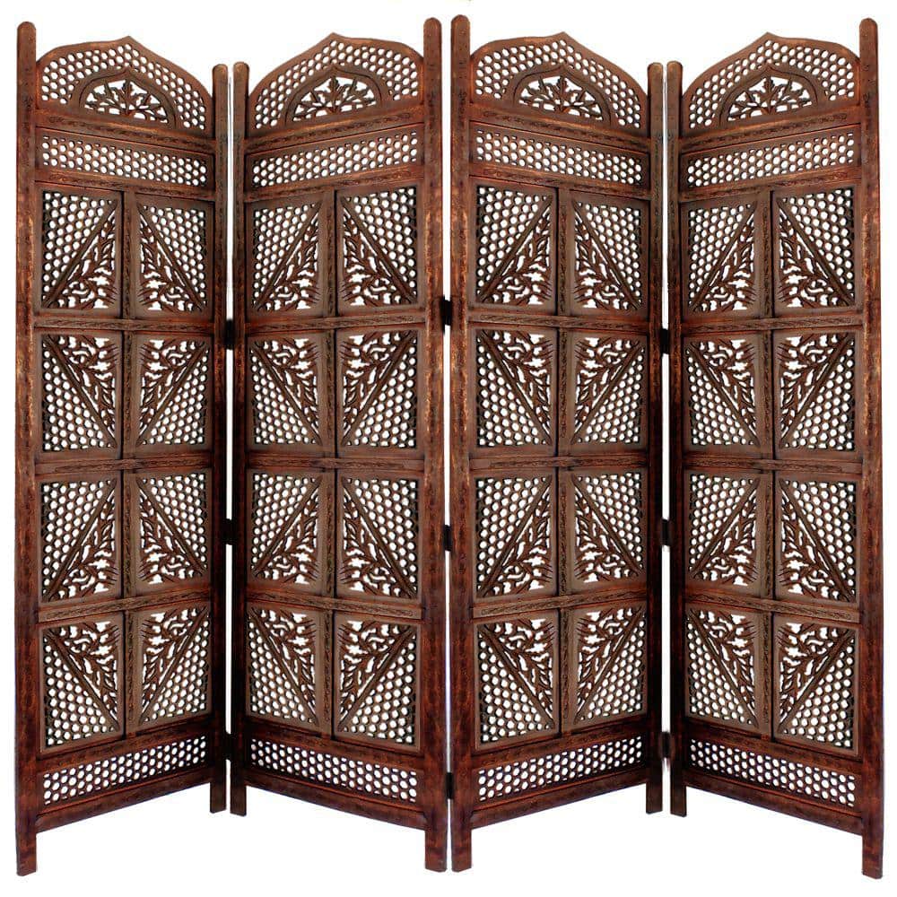 Antique Brown Hand Carved Mango Wood Four Panel Room Divider