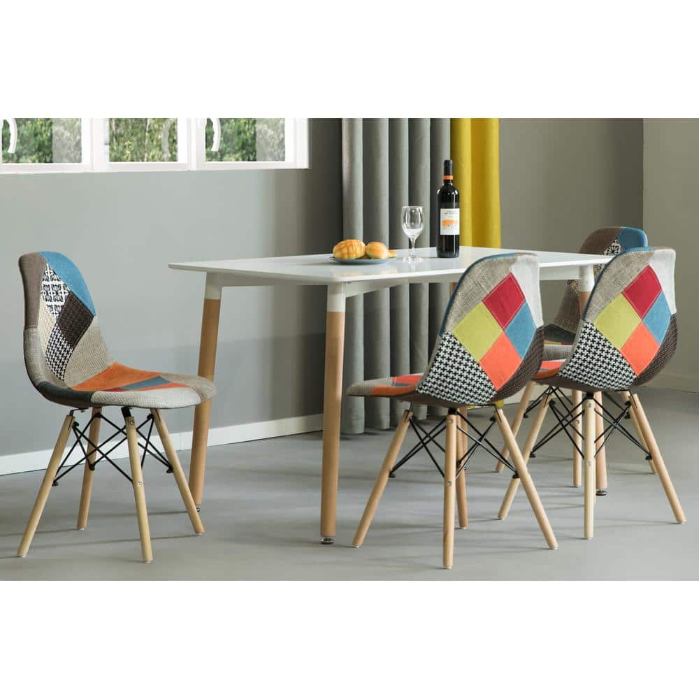 Multicolor Patchwork Upholstered Side Chair with Wooden Legs