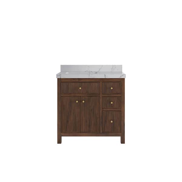 Willow Collections Sonoma Teak 36 in. Left Offset Sink Freestanding Dark Walnut Bath Vanity with Venatino Quartz Top Unassembled