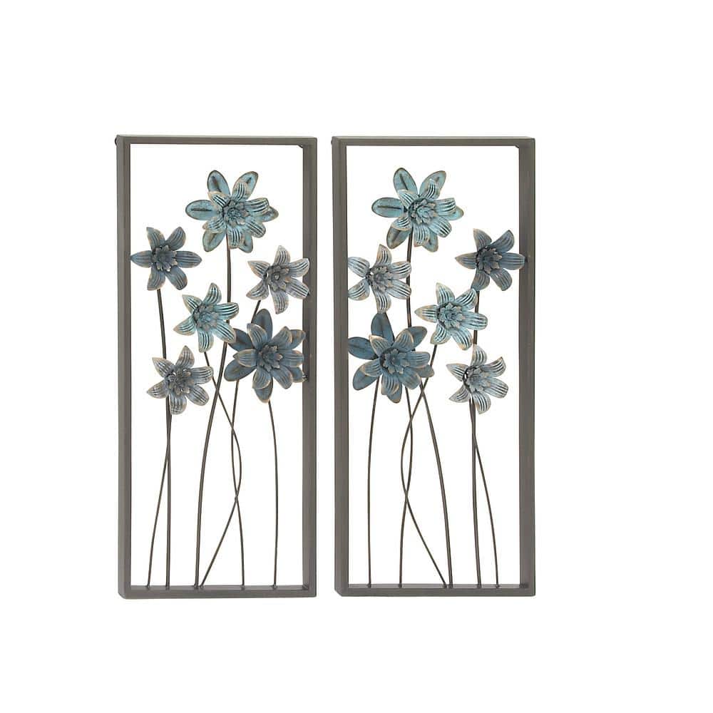 Elegant Gray and Blue Floral Metal Wall Sculptures (Set of 2)