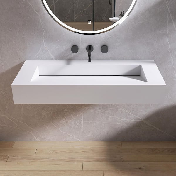 42 in. W x 19 in. D x 6 in. White Rectangular Solid Surface Bathroom Wall-Mount Sink/ Vessel Sink