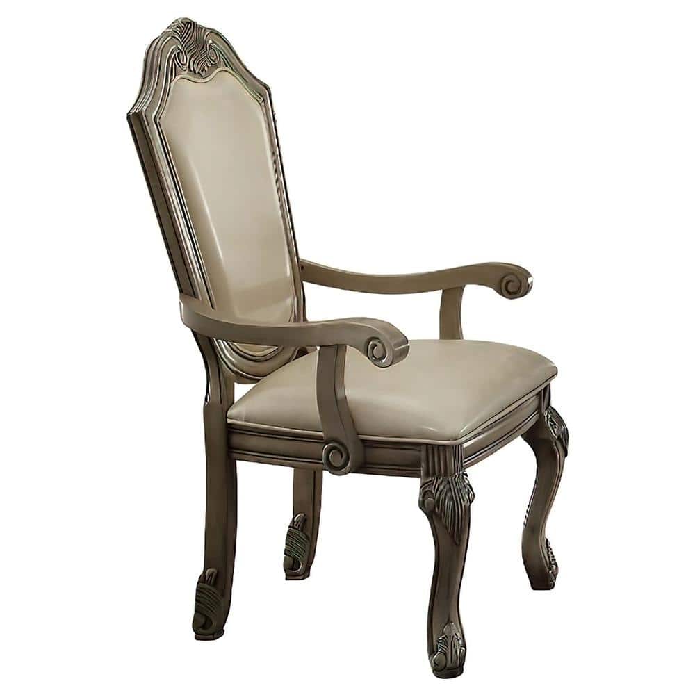 Antique White High Back Leather Arm Chair with Wood Frame