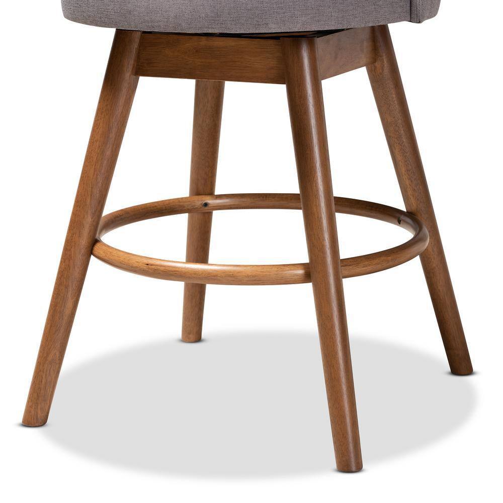 Gray Fabric Upholstered Walnut Wood Swivel Counter Stools, Set of 2