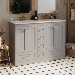 47.2 in. W x 18.3 in. D x 33.1 in. H Double Sink Bath Storage Vanity, in Gray with White Cabinet Resin Baisin Top