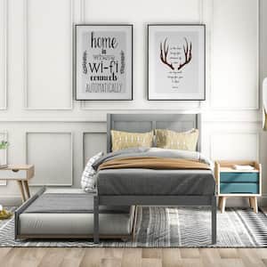 Gray Twin Size Wood Platform Bed Frame with Twin Trundle, Kids Platform Bed Frame with Pull-Out Trundle