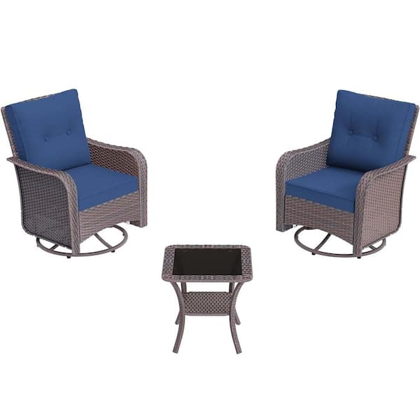 3-Piece Wicker Outdoor Rocking Chairs Set with Swivel 1 Glass Coffee Table and Cushion Navy Blue