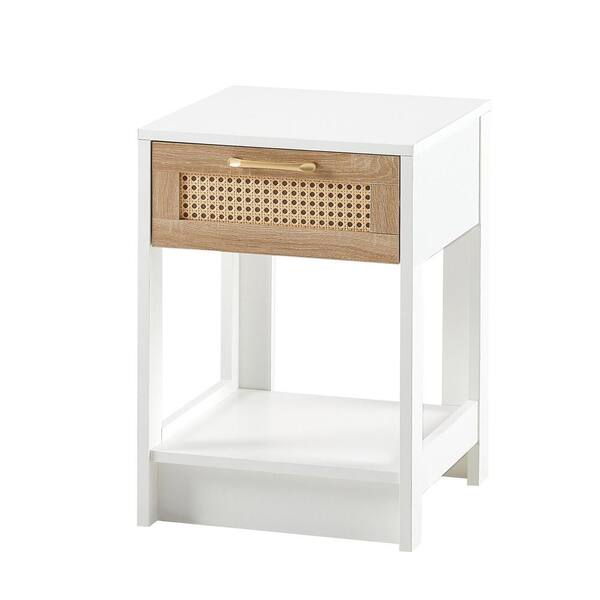Miscool Anky 15.75 in. White Rectangle MDF Rattan End Table 1Drawer Modern Nightstand Side